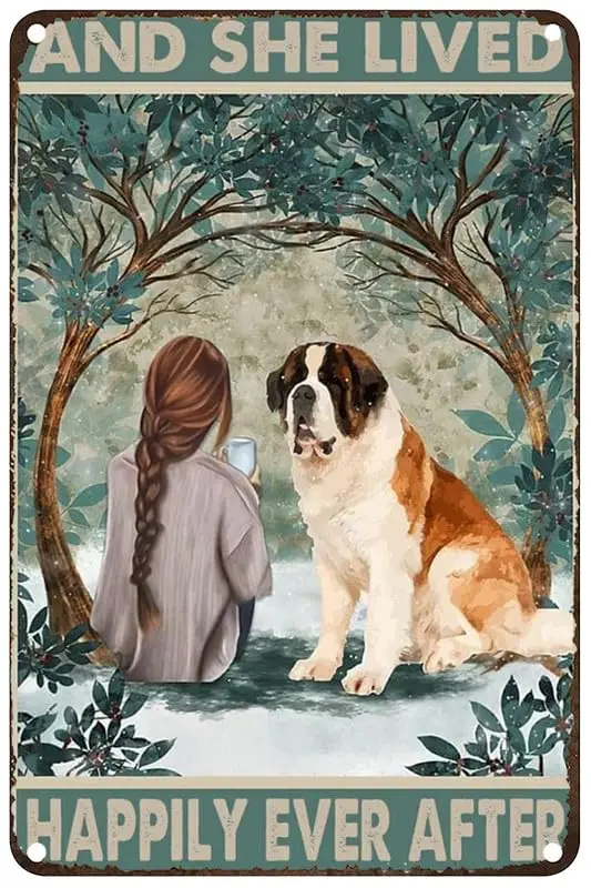 St Bernard Dog And She Lived Happily Ever After Dog Vintage Metal tin Sign Art Plaque Wall Decor Look Funny Gifts for Home