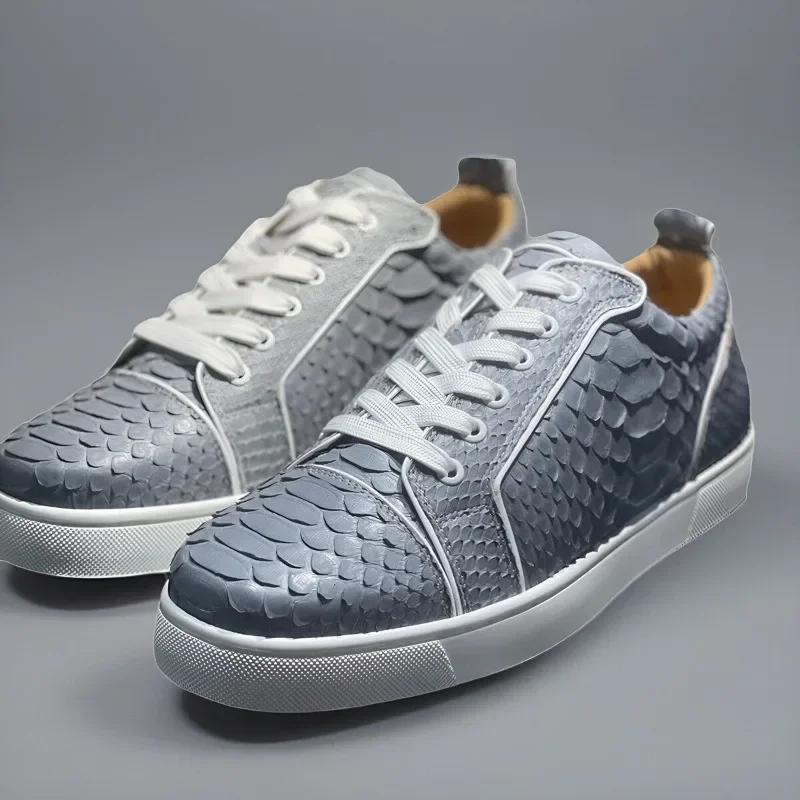 Luxury Brand Low Top Red Bottom Shoes For Men Trainers Driving Spiked Gray Snake Python Genuine Leather No Rivets Flats Sneaker