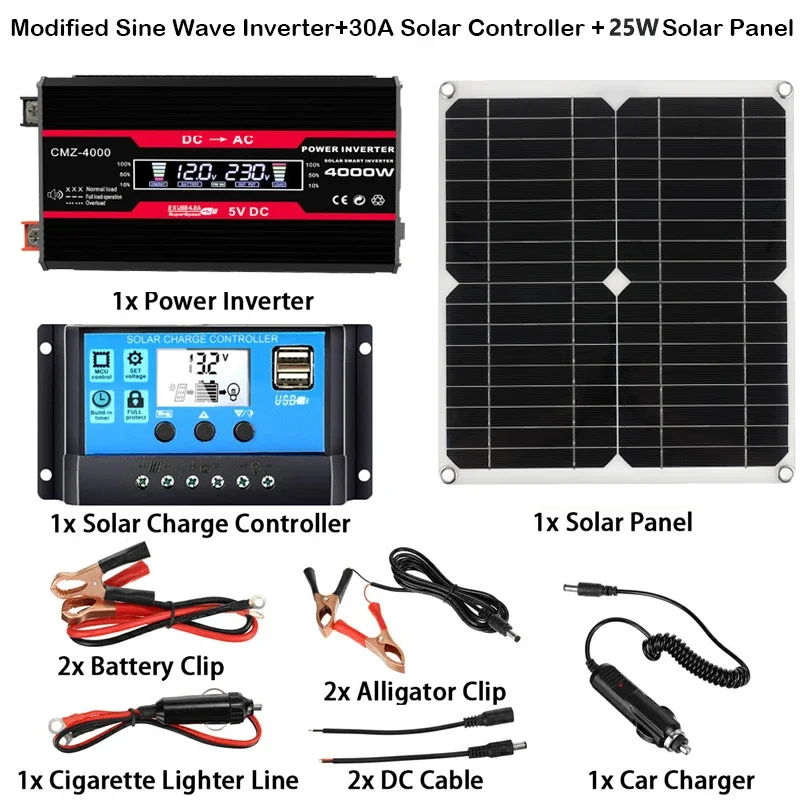 12V to 110V/220V Solar Power System 25W Solar Panel 30A Charge Controller 4000W Modified Sine Wave Inverter Power Generation Kit