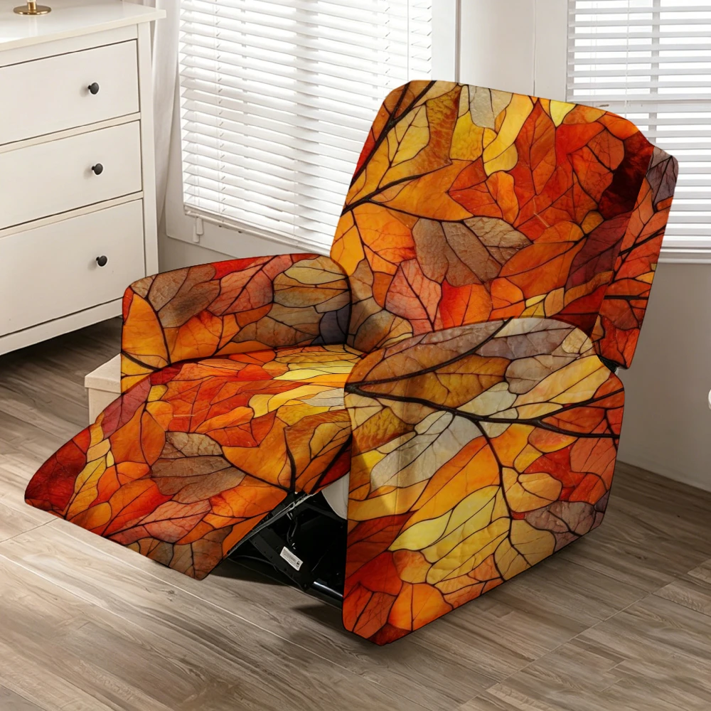 Stained Glass Fall Maple Leaf Print Stretch Recliner Chair Cover, Removable Washable Full Wrap Armrest Lazy Sofa Slipcover