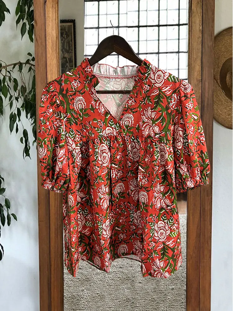 Blusa de manga abullonada con cuello en V y estampado Floral Vintage, camisas Koraal