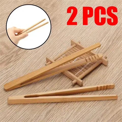2Pcs 18cm Bamboo Wood Wooden Food Toast Salad Tongs Toaster Bacon Sugar Ice Tea Tong Tea Clips Teaware For Kitchen