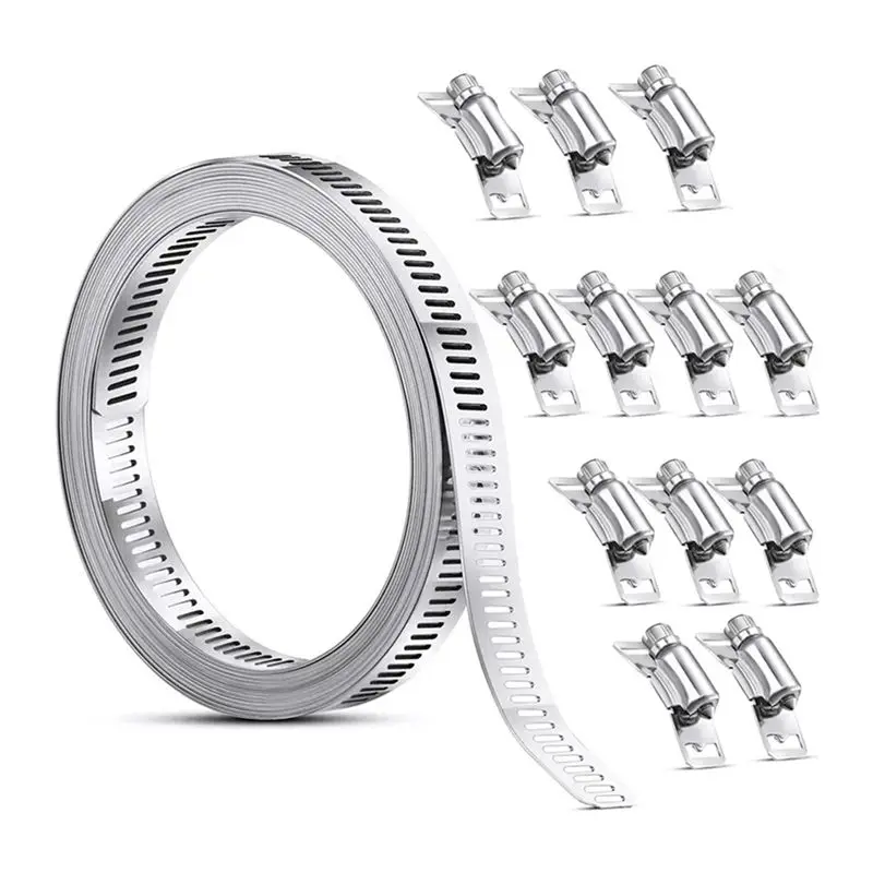 AEE4-Stainless Steel Hose Clamp Strap With Fasteners Worm Clamp Adjustable Worm Gear Pipe Ducting Hose Clamp 10M