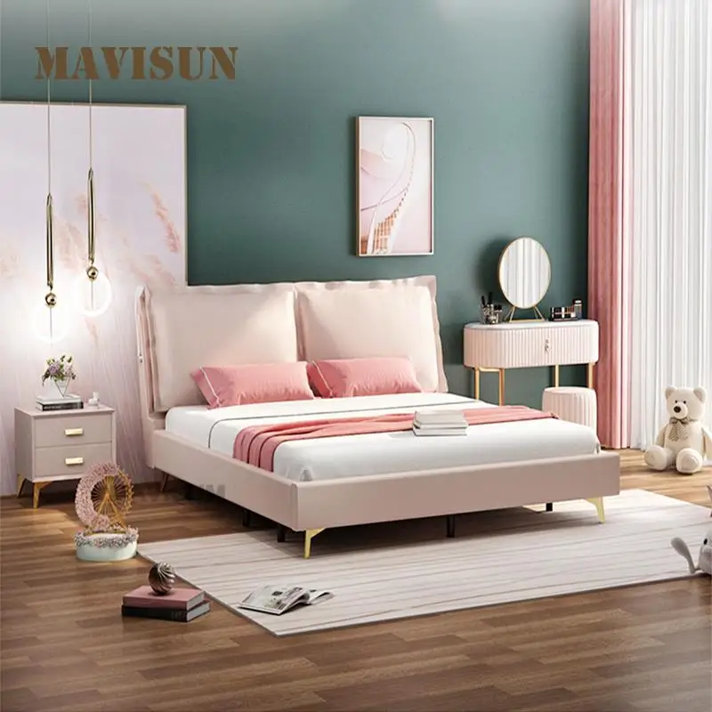 Light Luxury Girl Pink Bed Leather Art 1.8 Meters Large Bed Bedroom Small Apartment Simple Modern Nordic Children's Double Bed