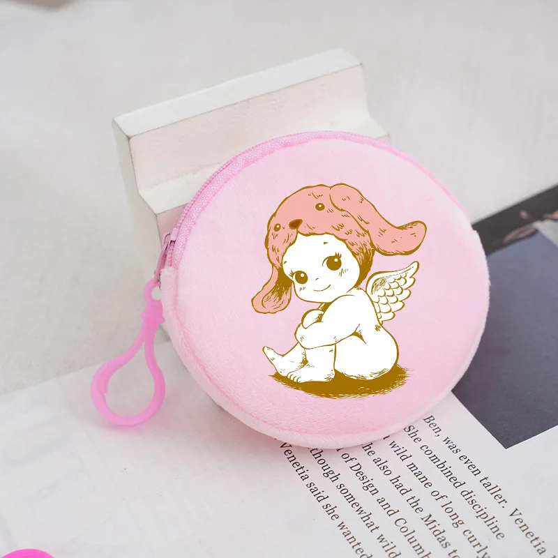 Sonny Angel Plush Coin Zipper Purses Round Mini Wallet Keychain Pouch Cute Anime Cartoon Printed Storage Bags Kid Birthday Gifts