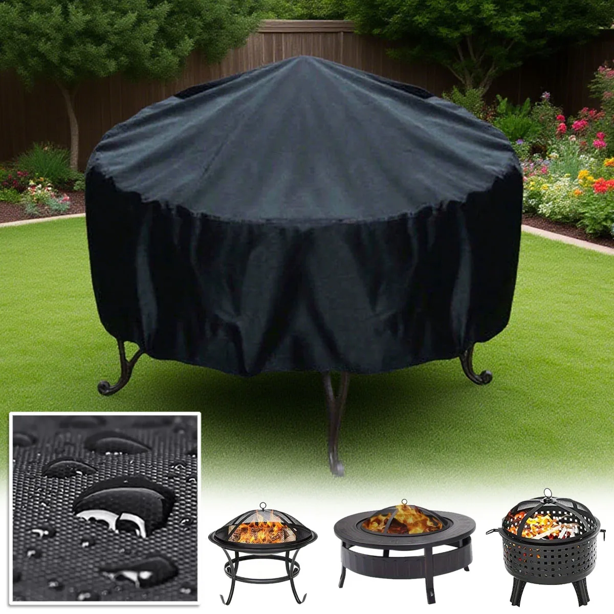 

Black Round Outdoor Grill Cover Fire Pit Stove BBQ Covers Waterproof Heavy Duty Garden 210D Oxford Fabric BBQ Protection Cover
