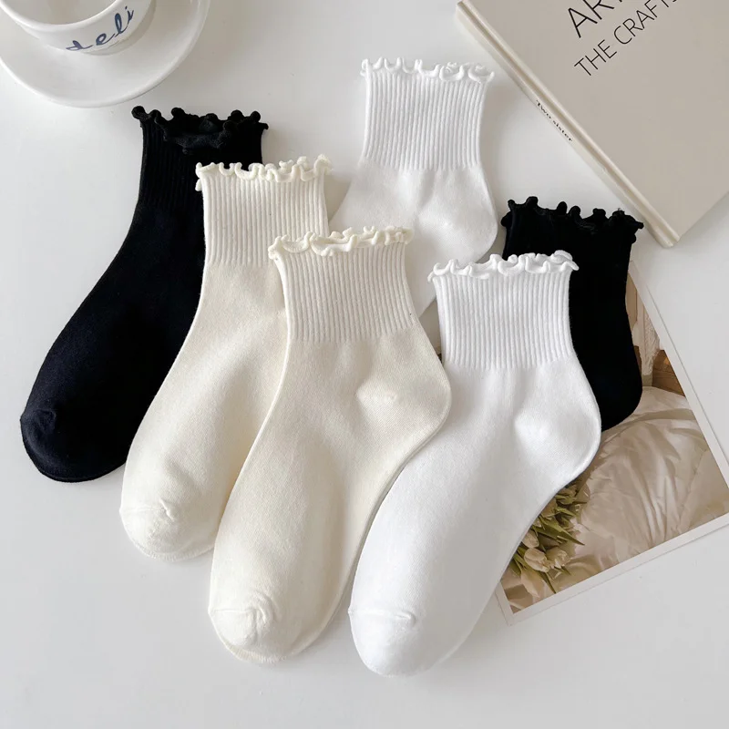 4pcs Summer Cotton Ruffles Ankle Socks Women INS Cute Kawaii Luxury Korean Sock Girl Spring Black White Middle Tube Japanese Sox