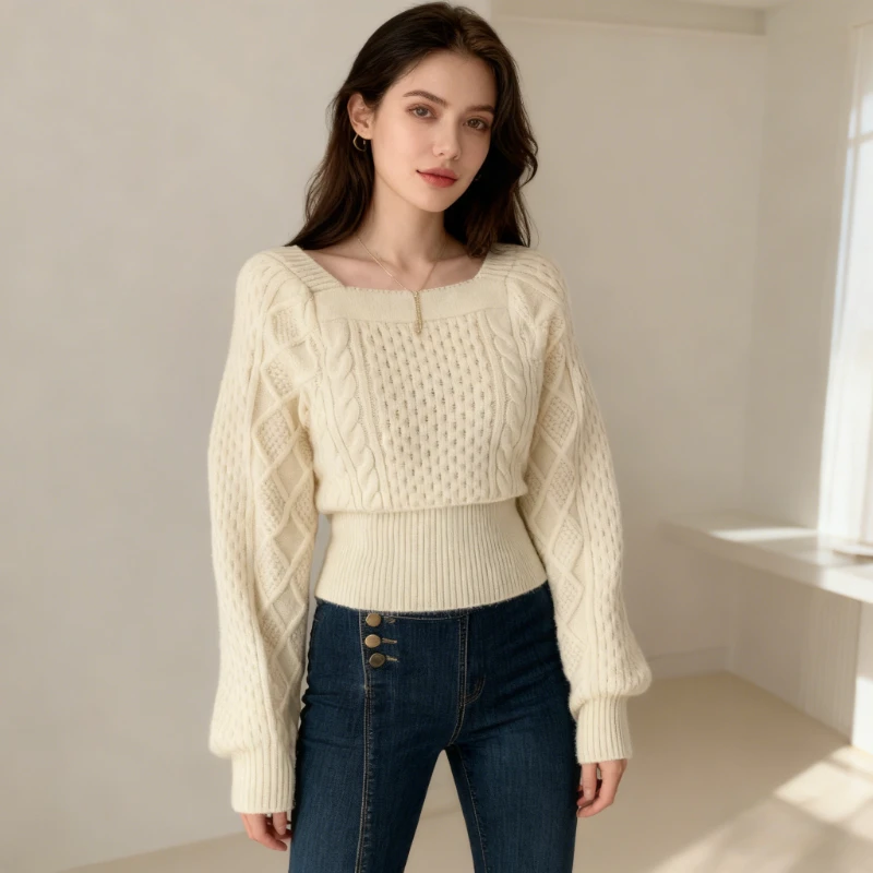 

Сплошной цвет, повседневный женский вязаный свитер с квадратным воротником и длинными рукавами, осенние модные новые универсальные топы для похудения с затягивающей талией