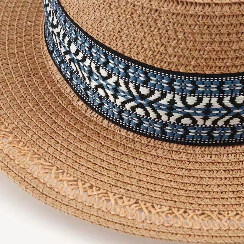 Elegant UV Protection Weave Straw Hat Boho Ethnic Style Beach Hat Foldable Bohemian Sun Protection Cap Outdoor