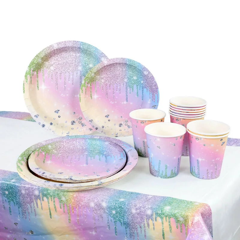 Iridescent Gradient Happy Birthday Disposable Tableware Paper Banner Garland Cake Dish Plate Cup Kids Adult Birthday Party Favor