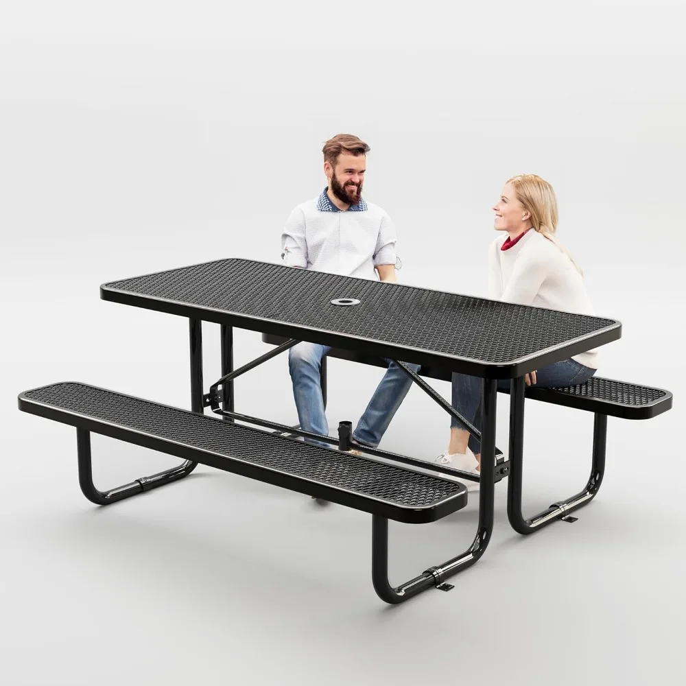 

Metal Picnic Tables for Outdoors with Umbrella Hole - Coated Steel Heavy Duty Commercial Grade Table with Adjustable Seats