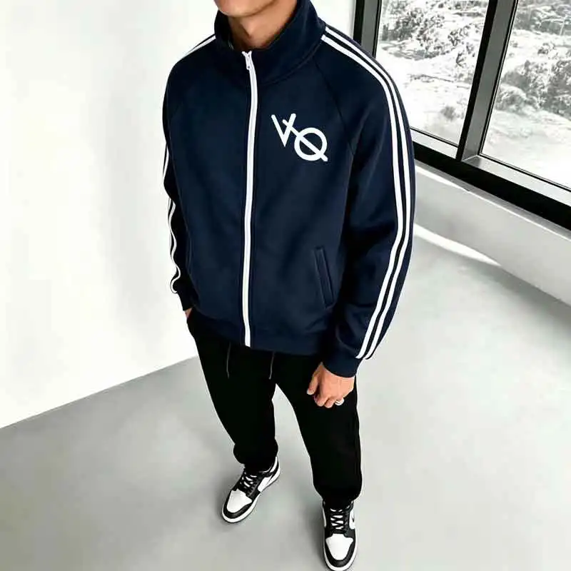 Mens Full Zipper Track Jacket Stand Collar Side Stripe Geometric Letter Graphic Print Sweatshirt Streetwear Outer Coat