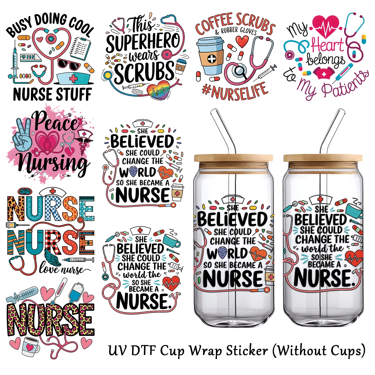 9 Stück Krankenschwester-Tagetransfer Uv Dtf Cup Wrap Aufkleber für DIY Glas Wasserflasche, inspirierende Zitate Dankesgeschenke für Krankenschwesterfreunde