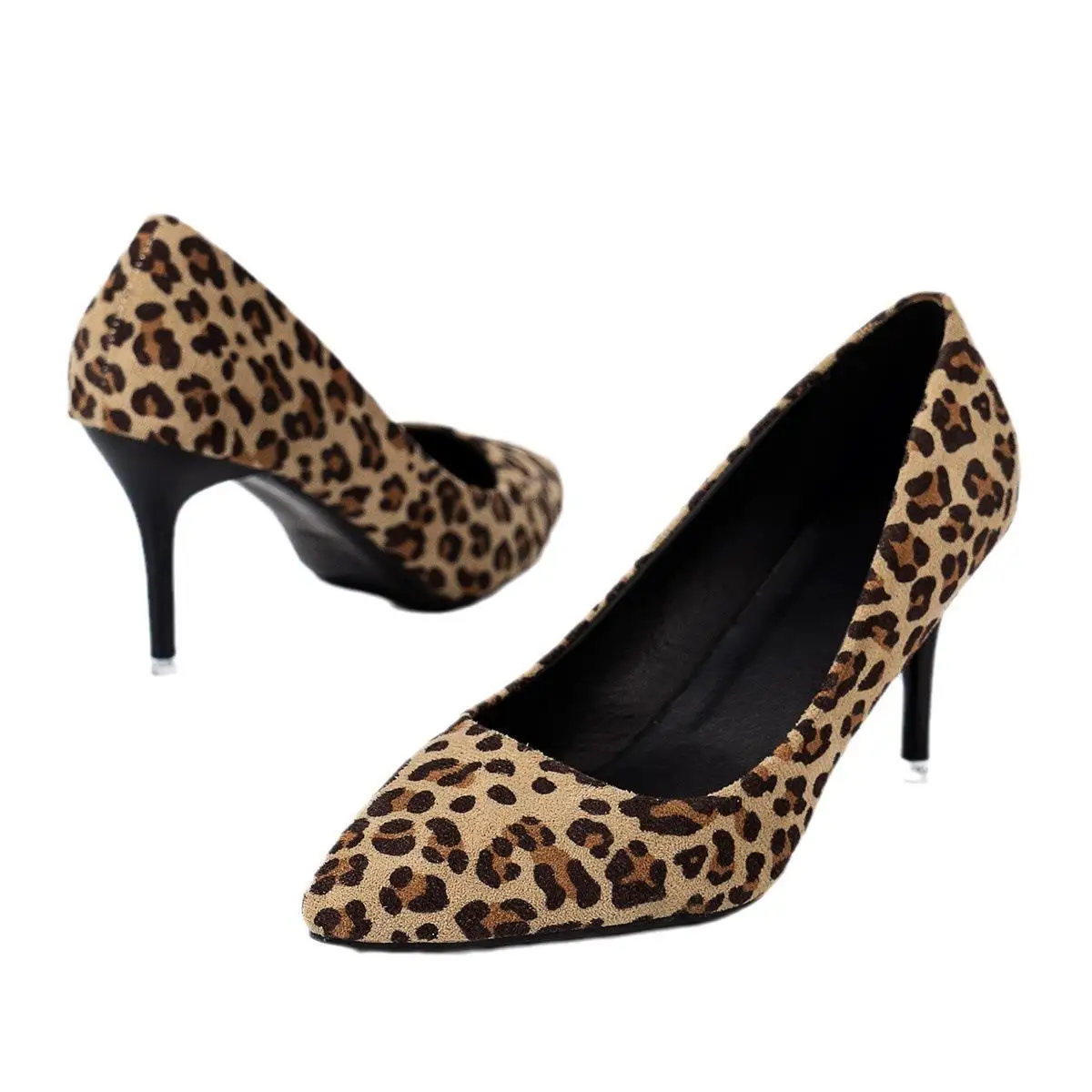 Big Size 35-41 Women High Heels Pumps New Autumn Flock Leopard Print Pointed Toe Elegant Office Ladies Sexy Party Shoes Stiletto