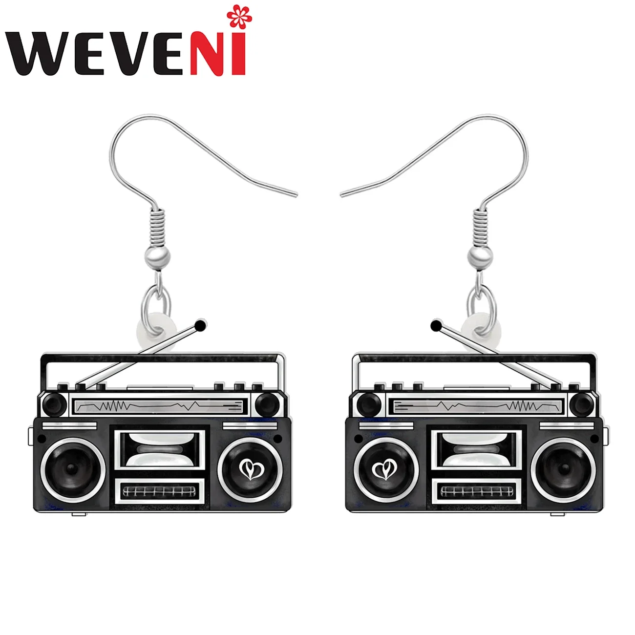 WEVENI Acrylic Funny Black Vintage Radio Recorder Dangle Drop Earrings For Women Girls Kids Novelty Gifts Accessories