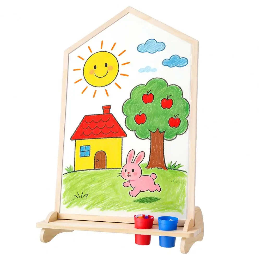 Kids House Shape Drawing Easel Double Sided Magnetic White & Chalk Board Portable Doodle Board for Toddler Boys Girls