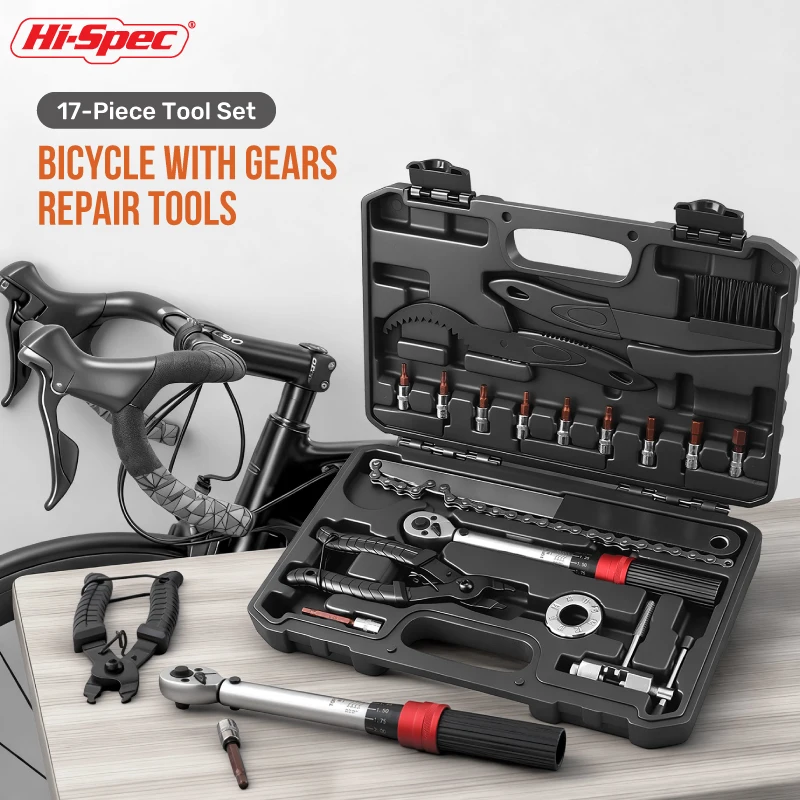 Juego de herramientas de reparación de engranajes de bicicleta de 17 piezas Hi-Spec, llave dinamométrica de 1/4 ", 5-25N.m, juegos de herramientas manuales, herramientas para ciclista, mecánico de mantenimiento
