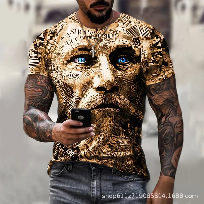 Men's new lion pattern 3D digital printed shirt Breathable crewneck fashion trend clothing domineering King Return quality top