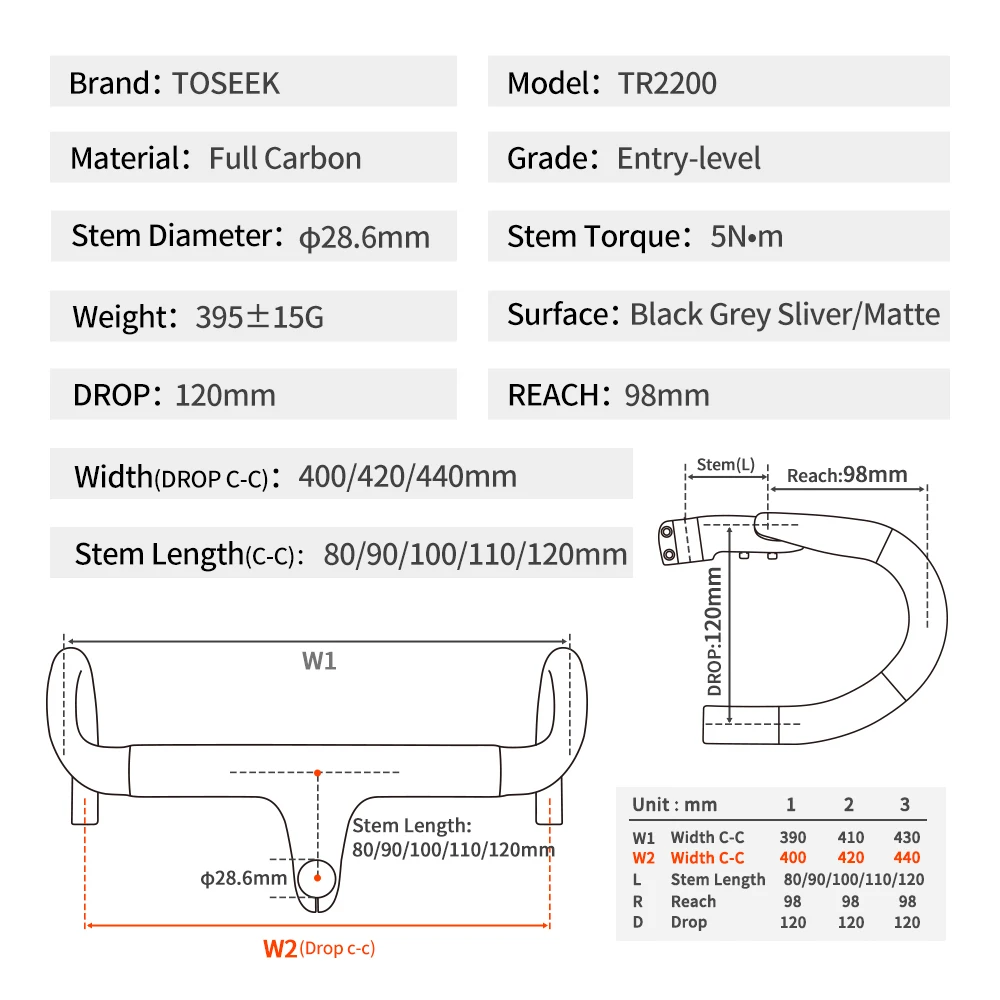 TOSEEK TR2200 Carbon Road Handlebar Bicycle Handlebar 28.6mm Road Bike Handlebar Stem Matt Black Carbon Handlebars