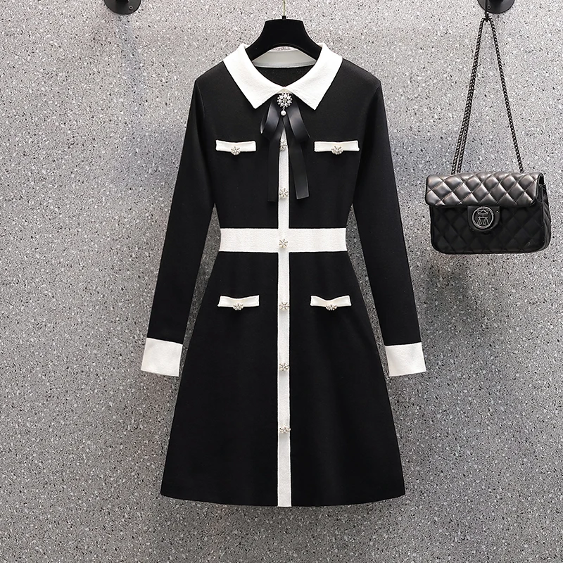 Knitting Women Beading dress 2024 Autumn Winter Long sleeve Polo Collar dress bow black mini female Sweater dresses vestido robe