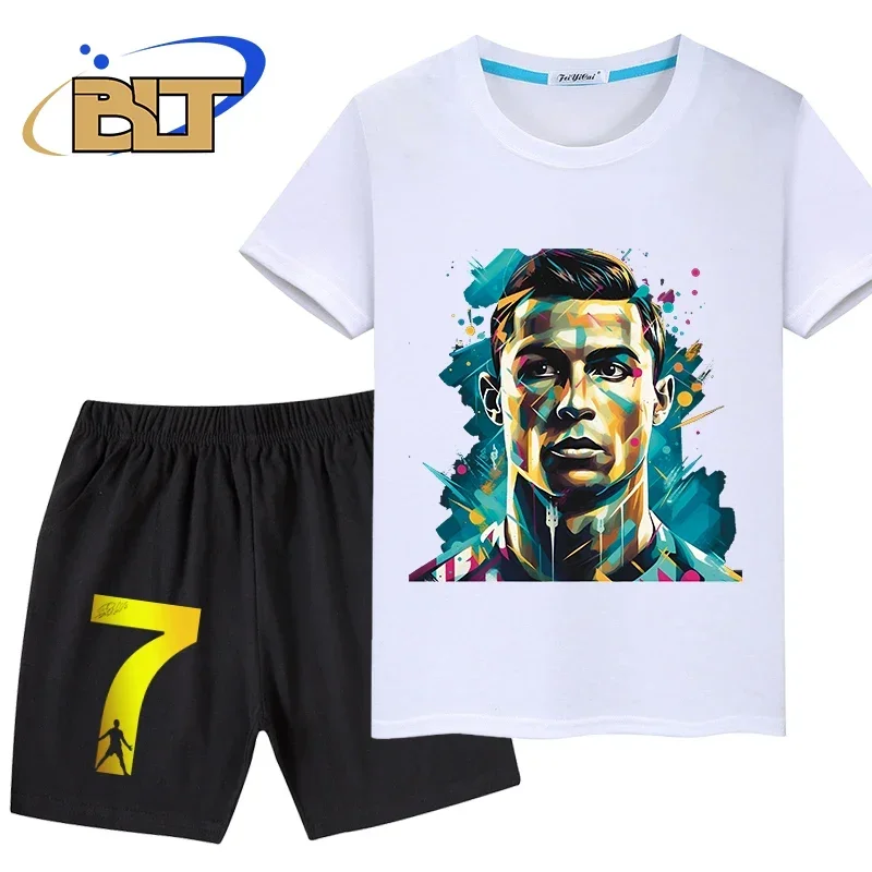 Ronaldo head print children\'s clothing summer kids T-shirt set pure cotton short-sleeved shorts 2-piece set boys and girls gifts