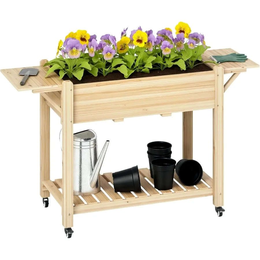 

Raised Garden Bed 57 x 20.5 x 34 in Wood Elevated Planter Box with Lockable Wheels Side Tables and Bottom Shelf Outdoor Raised