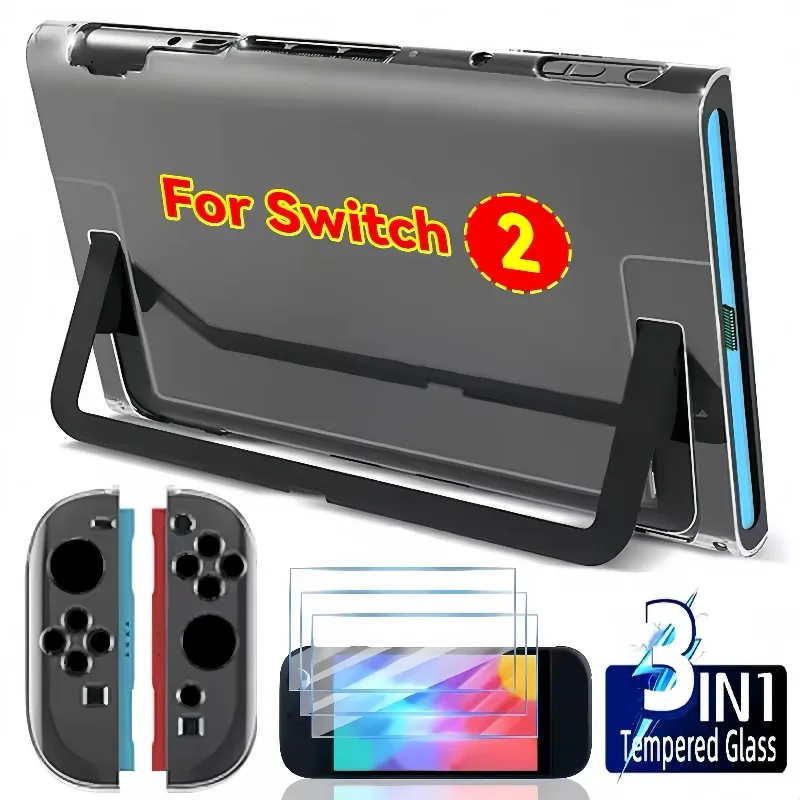 حافظة واقية للتبديل 2 ملحقات واقي للشاشة 9H من الزجاج المقسى الصلب PC Shell غطاء كامل حامي لوحدة التحكم NS 2