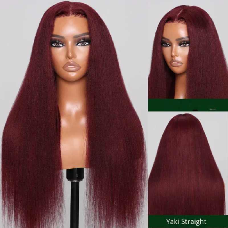 Perruque Yaki sans colle pour femme, cheveux crépus lisses, devant en dentelle bordeaux, densité 180, 99j, 26 po, baby hair, degré de chaleur, préplumé 03/3