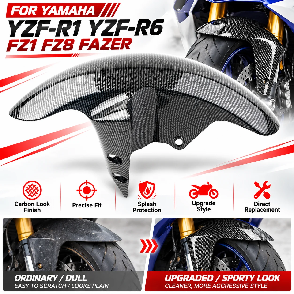 Motorcycle  Front Fender Splash Guard For Yamaha YZF-R1 2002 -2008 YZF-R6 2005 FZ1 2005-2008 FZ8 FAZER 2011-2013  Carbon Fiber