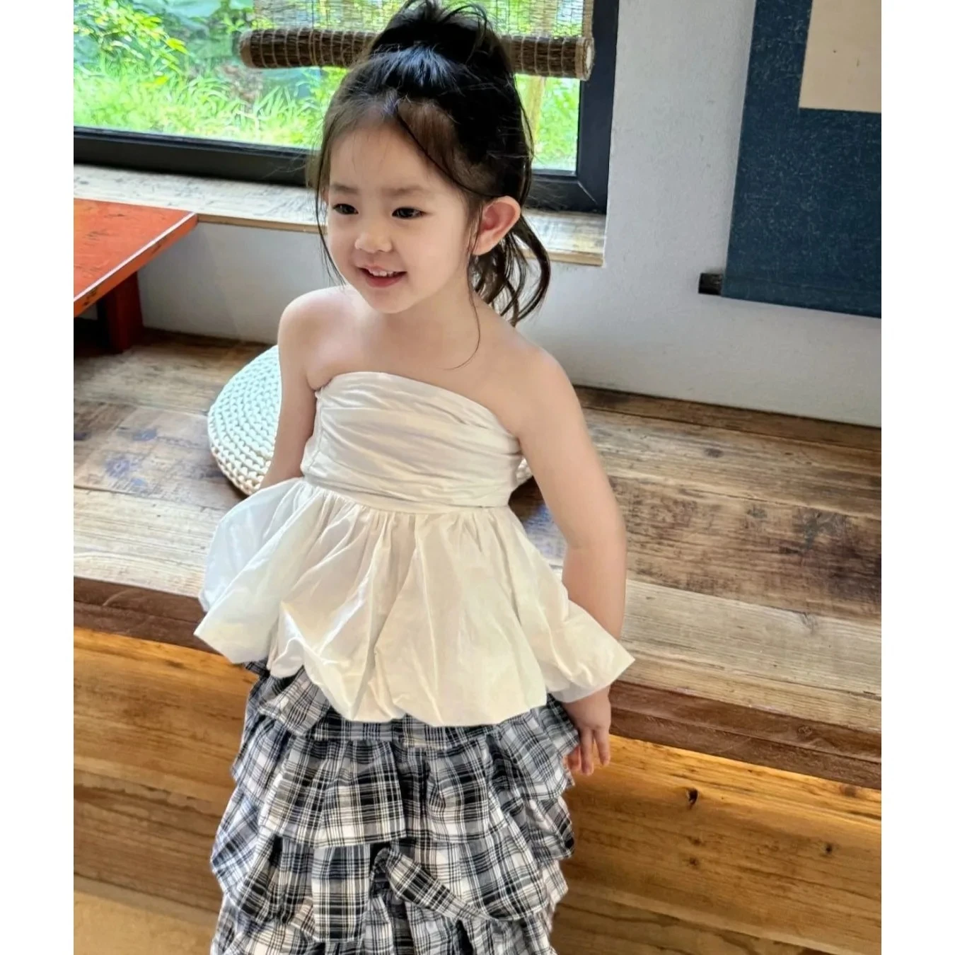 Korean Girls T-shirt 2026 Spring Summer New Girl White One Shoulder Strapless Sweet Lotus Leaf Edge Top