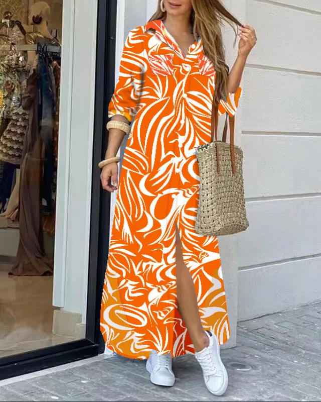 

2023 Fashion Lapel Long Sleeve Shirt Dress Casual Loose Contrast Print Single-breasted Maxi Dresses for Women Robe