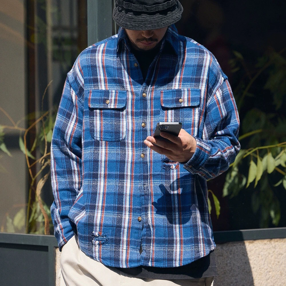 

Retro Japanese Style Cityboy Loose Fit Workwear Plaid Distressed Washed Long Sleeve Shirt Jacket Casual Youth Polyester Blend