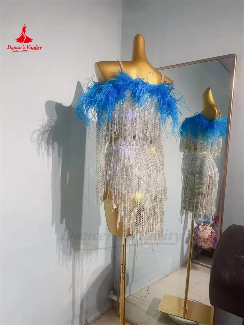 Latin Dance Competiton Dress for Women Customsized AB Stones Mesh Feather Performance Dress Adult Children Chacha Latin Dresses