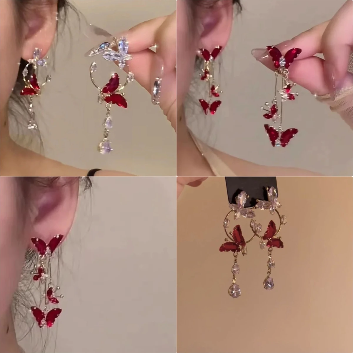 أنيقة الأحمر الزركون فراشة انخفاض الأقراط للنساء مزاجه الحلو المعادن القوس أقراط فتاة الموضة مجوهرات اكسسوارات