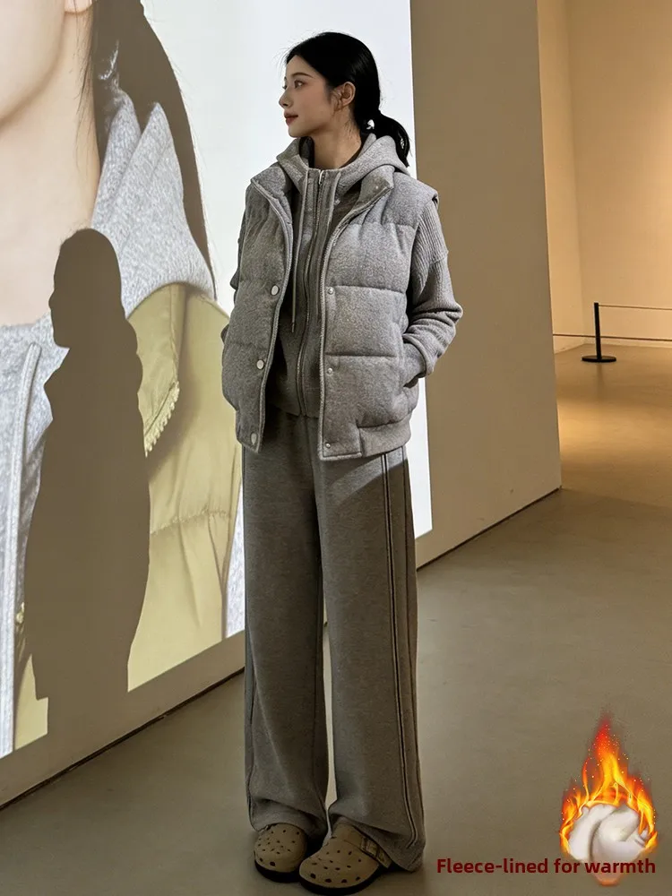 

Winter Faionable Women's Tee-Piece Set Hoodie Vest Loose Slim Wide Leg Pants Casual Sportswear Thiened Warm Clothing