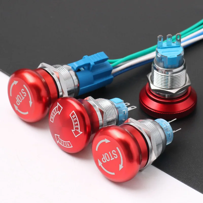 1PCS 16mm19mm22mm Metal Emergency Stop Button Switch Waterproof Mushroom Head Self-locking 3Pins 1NO1NC 6Pins 2NO2NC