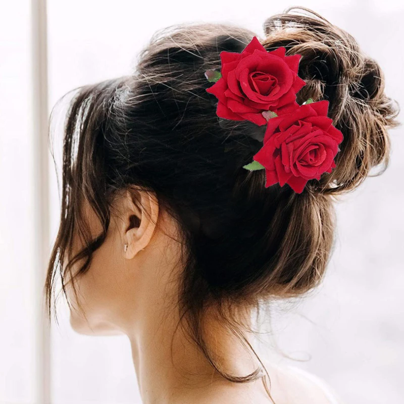 1pc velvet rose hair clip, metal brush hairpin hair comb, vacation wedding hair ornament view 3