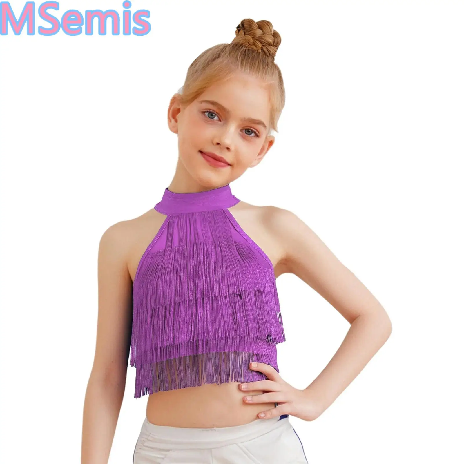 

Kids Girls Tiered Tassels Dance Vest Salsa Latin Dance Vest Costume Fringe Crop Top Sleeveless Strappy Back Vest