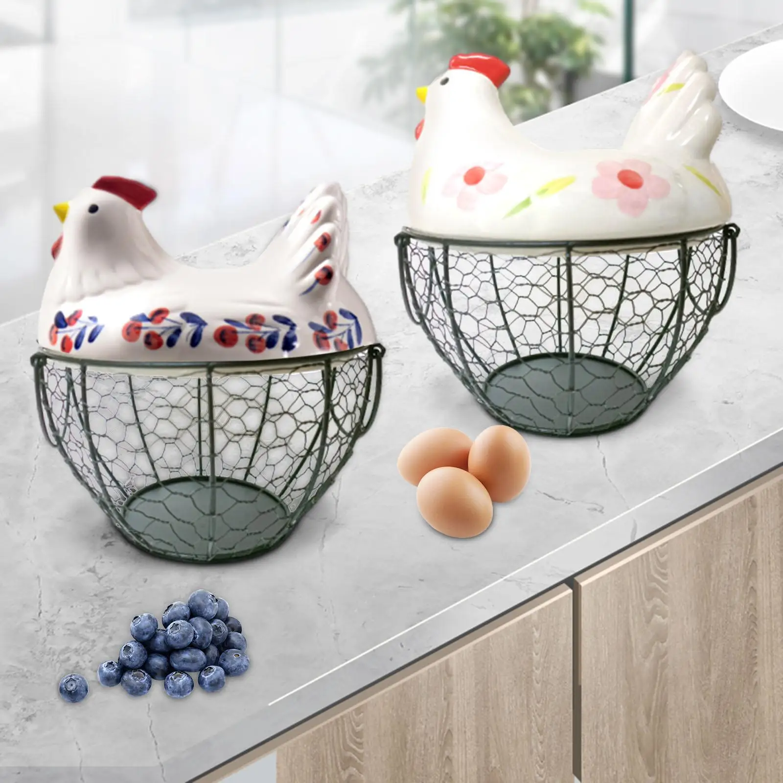 Chicken Egg Basket Cute Round with Ceramic Lid Organizer Case Chicken Egg Holder