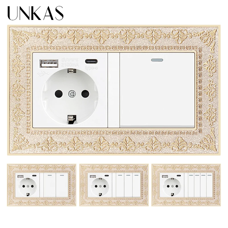 UNKAS Zinc Alloy Panel White EU Type-C USB 86mm 146mm Telephone Computer TV 1 2 3 4 Gang 4D Embossing Panel