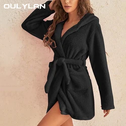 Women Solid Hooded Robe Coral Velvet Bathrobe Cute Warm Robe Flannel Bath Robe Dressing Gowns Sleepwear with Belt