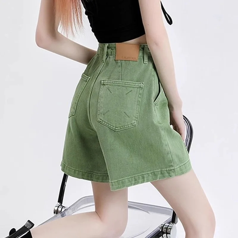 

Women Summer Thin Denim Shorts Ladies Simplicity Office Lady Solid Color Wide Leg Fashion High Waist Appear Thin Casual Straight