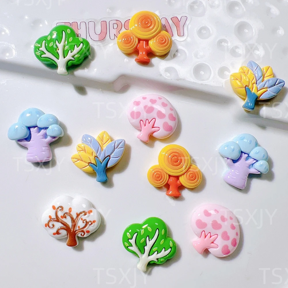 10 Stück neue bunte niedliche Cartoon-Waldbaum-Cabochon-Steine mit flacher Rückseite für Scrapbooking, DIY-Dekoration, Figuren, Bastelzubehör
