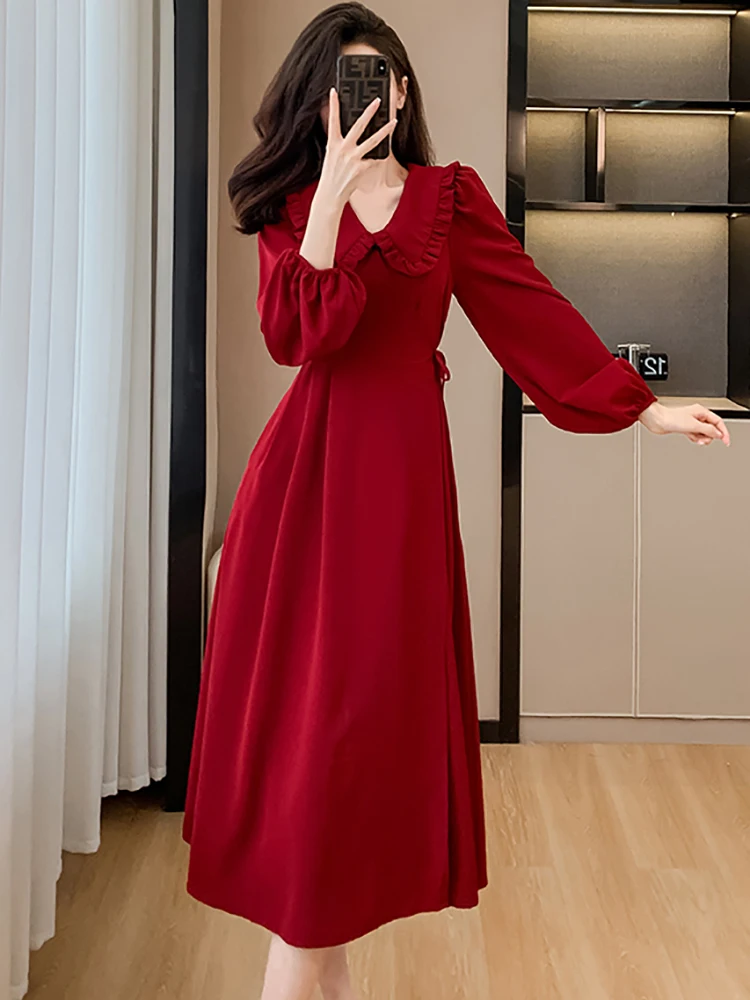 가을 겨울 레드 긴 소매 러플 달러 칼라 롱 드레스 여성 빈티지 럭셔리 이브닝 드레스 2025 한국 우아한 프로모션 드레스