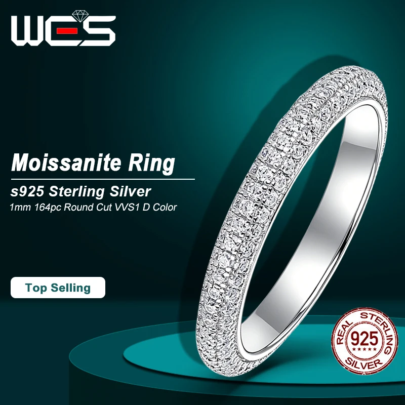 WES Full Eternity Moissanite Ring D Color VVS1 925 Sterling Silver 1mm Pave Band For Women Wedding Band Dating Couple Engagement