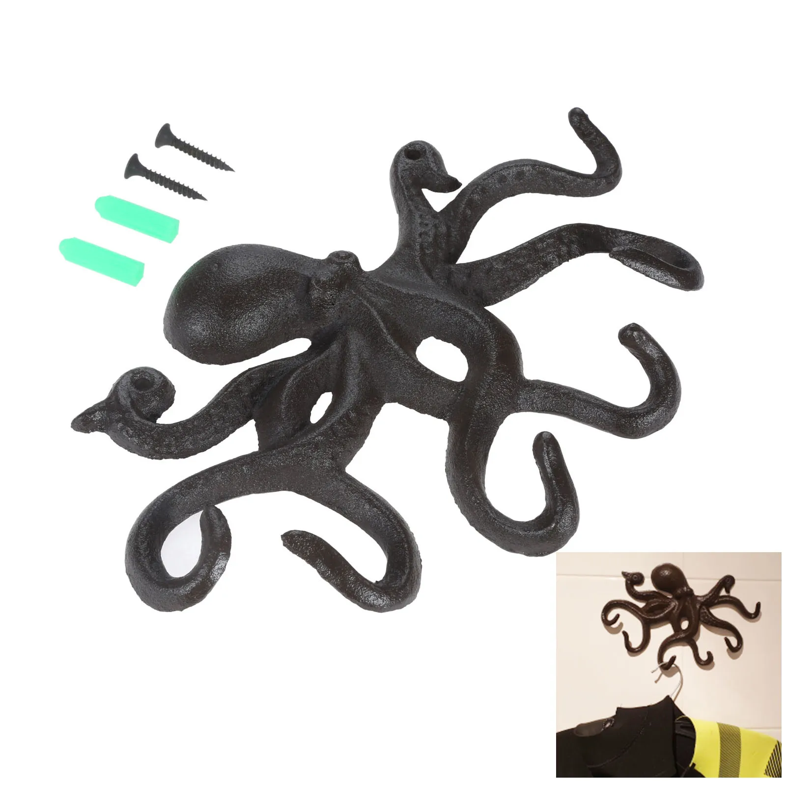 

Large Octopus Hook Cast Iron Hanger Housekeeper Wall w/screws Vintage Creative Squid Hanging Keys Coat Towel Holder Home Decor