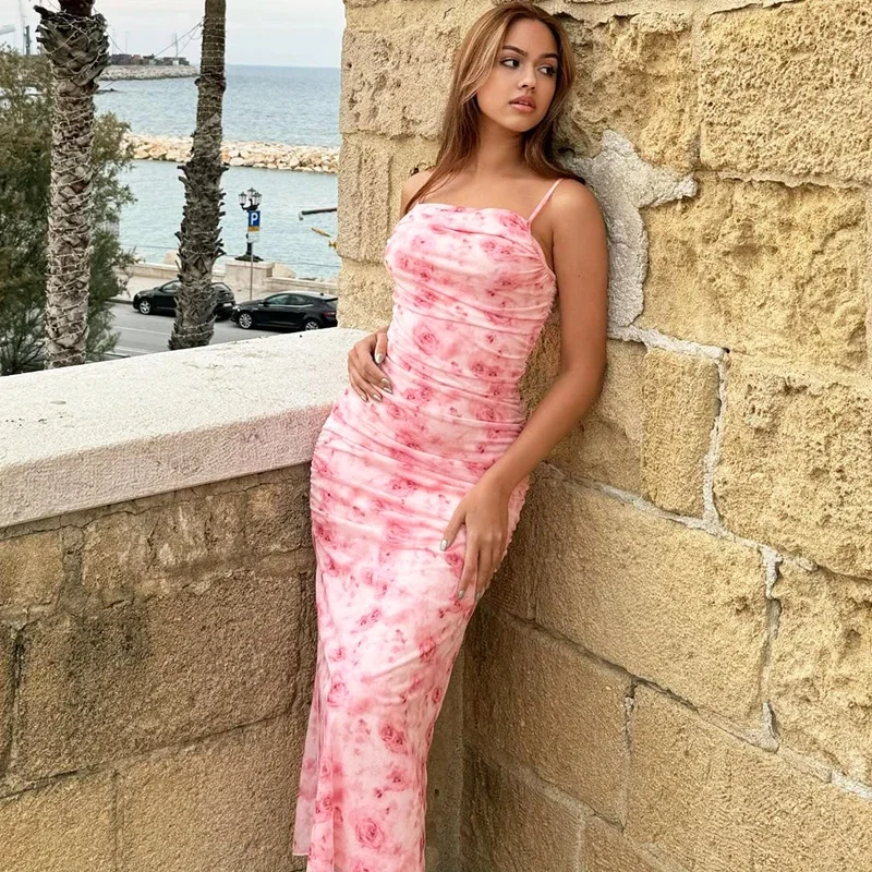 

2024 Floral Print Slips Backless Draped Sexy Slim Elegant Maxi Prom Dress Summer Women Outfits Birthday Party Vacation