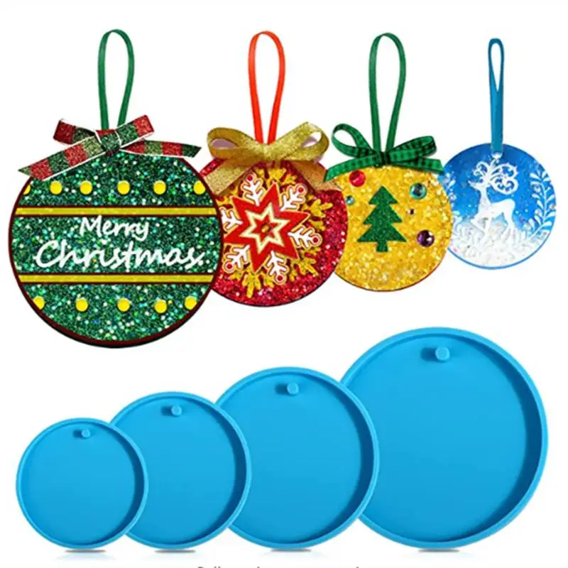 DIY Christmas Silicone Molds Keychain Ornament Mould Round Shape Epoxy Resin Pendant Mold with Hanging Hole Resin Craft Supplies