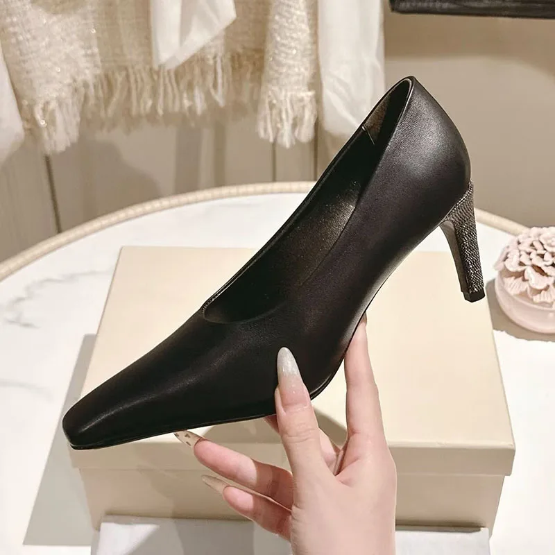 Spring Genuine Leather Pumps Shallow Mouth String Bead Thin High Heels Women's Temperament Office Single Shoes Zapatos De Muje