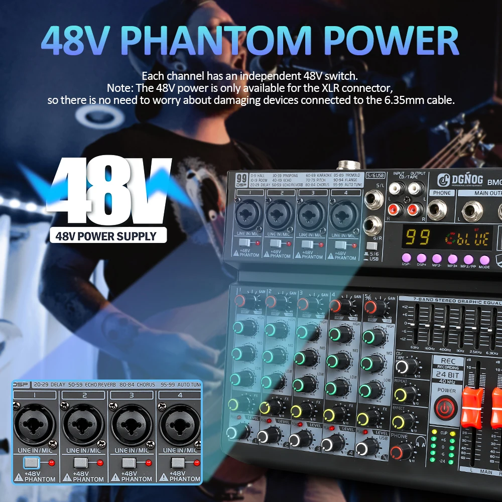 DGNOG Mezclador de audio profesional de 6 canales EQ de 7 bandas con 99 efectos DSP Consola Bluetooth USB de alimentación fantasma de 48 V para estudio de escenario